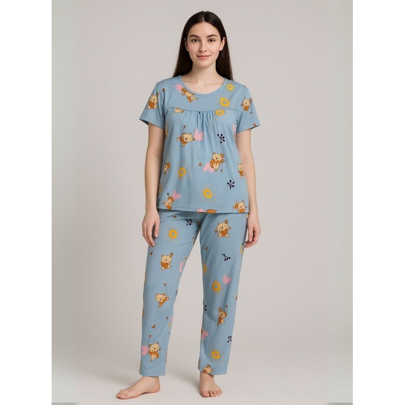 بيجامة ستاتية لون أزرق اشكال ملون بنطلون وبلوزة نص كم One Size