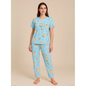 بيجامة ستاتية لون أزرق اشكال ملون بنطلون وبلوزة نص كم One Size