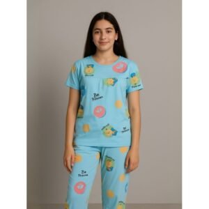 بيجامة ستاتية لون أزرق اشكال ملون بنطلون وبلوزة نص كم One Size
