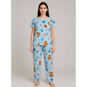 بيجامة ستاتية لون أزرق اشكال ملون بنطلون وبلوزة نص كم One Size