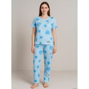 بيجامة ستاتية لون أزرق اشكال ملون بنطلون وبلوزة نص كم One Size