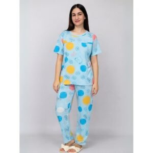 بيجامة ستاتية لون أزرق اشكال ملون بنطلون وبلوزة نص كم One Size
