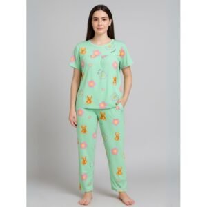 بيجامة ستاتية لون اخضر اشكال ملون بنطلون وبلوزة نص كم One Size