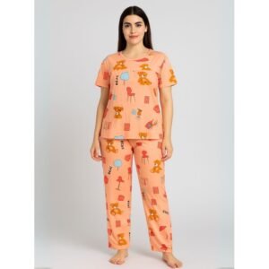 بيجامة ستاتية لون برتقالي اشكال ملون بنطلون وبلوزة نص كم One Size