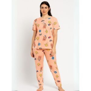 بيجامة ستاتية لون برتقالي اشكال ملون بنطلون وبلوزة نص كم One Size