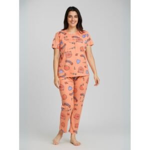بيجامة ستاتية لون برتقالي اشكال ملون بنطلون وبلوزة نص كم One Size