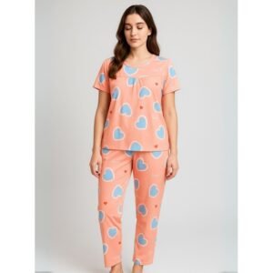 بيجامة ستاتية لون برتقالي اشكال ملون بنطلون وبلوزة نص كم One Size