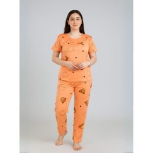 بيجامة ستاتية لون برتقالي اشكال ملون بنطلون وبلوزة نص كم One Size