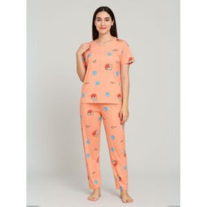 بيجامة ستاتية لون برتقالي اشكال ملون بنطلون وبلوزة نص كم One Size