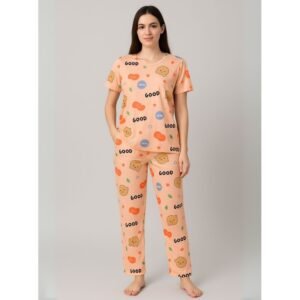 بيجامة ستاتية لون برتقالي اشكال ملون بنطلون وبلوزة نص كم One Size