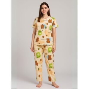 بيجامة ستاتية لون بيج اشكال ملون بنطلون وبلوزة نص كم One Size