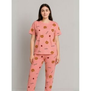 بيجامة ستاتية لون زهري اشكال ملون بنطلون وبلوزة نص كم One Size