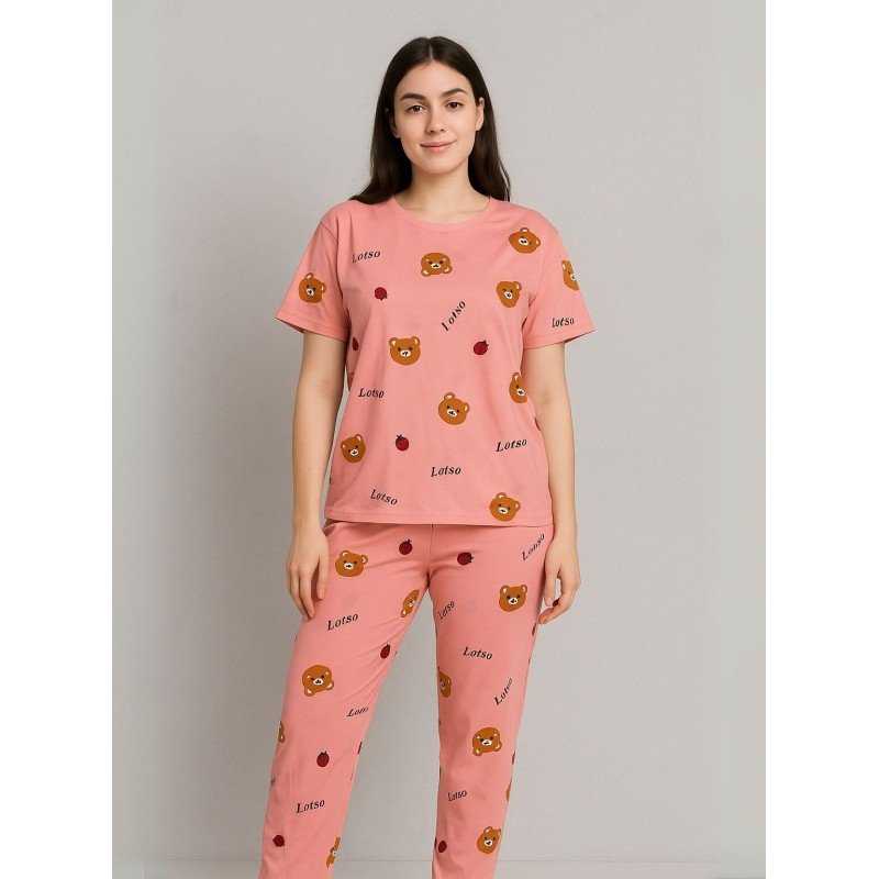 بيجامة ستاتية لون زهري اشكال ملون بنطلون وبلوزة نص كم One Size