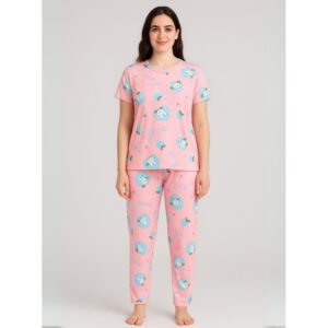 بيجامة ستاتية لون زهري اشكال ملون بنطلون وبلوزة نص كم One Size