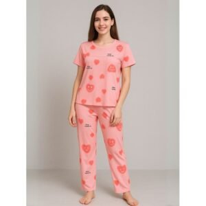 بيجامة ستاتية لون زهري اشكال ملون بنطلون وبلوزة نص كم One Size