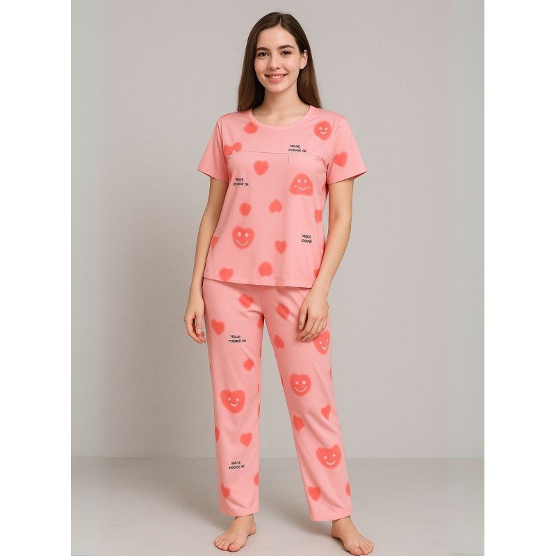 بيجامة ستاتية لون زهري اشكال ملون بنطلون وبلوزة نص كم One Size