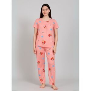 بيجامة ستاتية لون زهري اشكال ملون بنطلون وبلوزة نص كم One Size