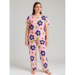 بيجامة ستاتية لون زهري اشكال ملون بنطلون وبلوزة نص كم One Size