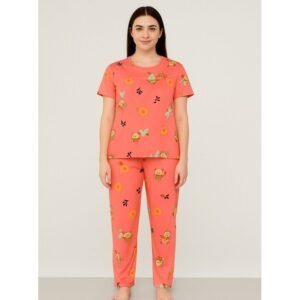 بيجامة ستاتية لون زهري اشكال ملون بنطلون وبلوزة نص كم One Size