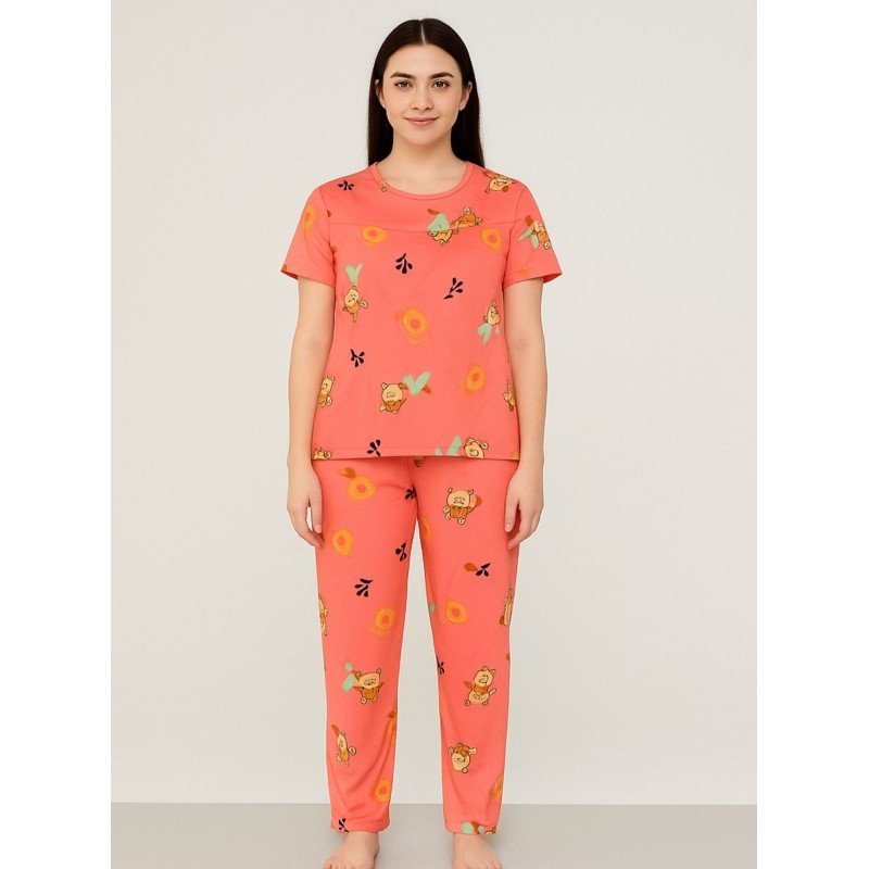 بيجامة ستاتية لون زهري اشكال ملون بنطلون وبلوزة نص كم One Size