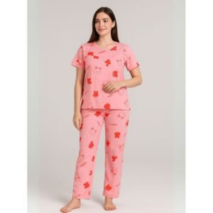 بيجامة ستاتية لون زهري اشكال ملون بنطلون وبلوزة نص كم One Size