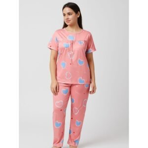 بيجامة ستاتية لون زهري اشكال ملون بنطلون وبلوزة نص كم One Size