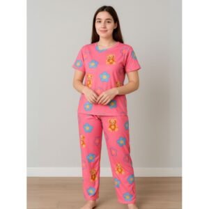 بيجامة ستاتية لون زهري اشكال ملون بنطلون وبلوزة نص كم One Size