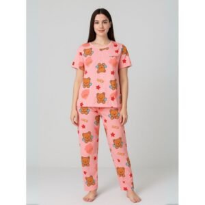 بيجامة ستاتية لون زهري اشكال ملون بنطلون وبلوزة نص كم One Size