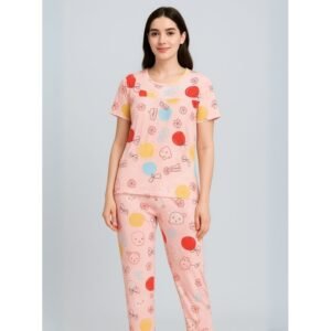 بيجامة ستاتية لون زهري اشكال ملون بنطلون وبلوزة نص كم One Size