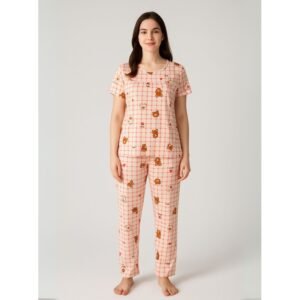 بيجامة ستاتية مخطط لون أبيض وأحمر بنطلون وبلوزة نص كم One Size