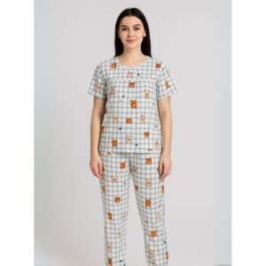 بيجامة ستاتية مخطط لون أبيض وأزرق بنطلون وبلوزة نص كم One Size