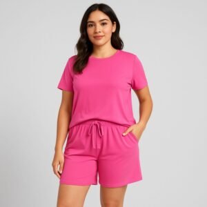 بيجامة صيفية بيتية شورت وبلوزة للنساء لون زهري one Size