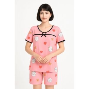 بيجامة صيفية بيتية شورت وبلوزة للنساء لون زهري فاتح one Size