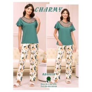 بيجامة صيفية للنساء قطعتين لون أخضر وأبيض و أصفر Charmy