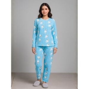 بيجامة فرو للصبايا برسوم رأس أرنب لون أزرق سماوي