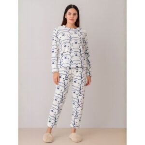 بيجامة فرو للصبايا لون ابيض برسومات كحلي