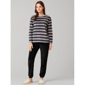 بيجامة فرو للصبايا مخطط لون أسود ورمادي