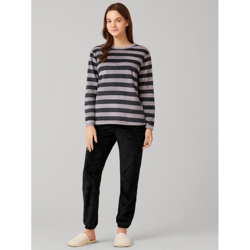 بيجامة فرو للصبايا مخطط لون أسود ورمادي