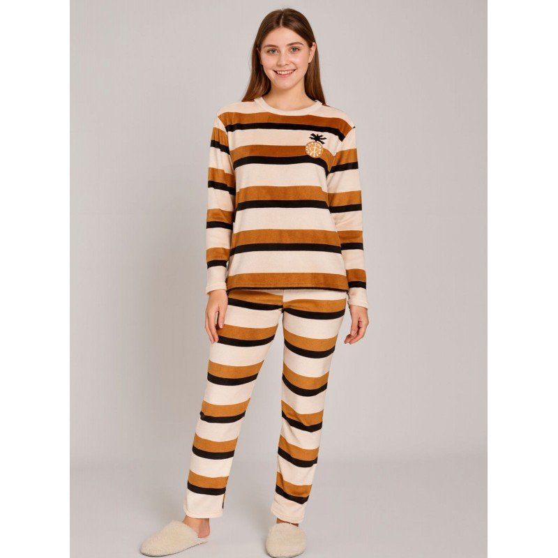 بيجامة فرو للصبايا مخطط لون بيج وأسود وكرميدي