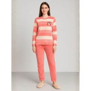 بيجامة فرو للصبايا مخطط لون زهري وأبيض