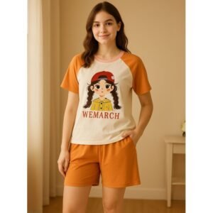 بيجامه ستاتيه بلوزة و شورت برسوم لون ابيض و زهري One Size