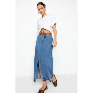 تنورة تركي دنيم ماكسي بفتحة للنساء لون أزرق