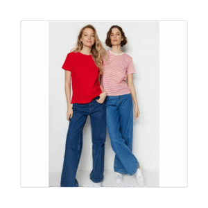 تيشيرت تركي نص كم عدد 2 للنساء لون أحمر وأحمر مخطط