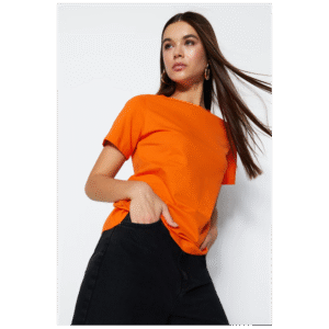 تيشيرت تركي قطن بقبة دائرية للنساء لون برتقالي