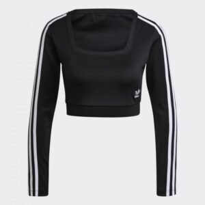 تيشيرت قصير بطباعة ثلاث خطوط مع أكمام طويلة من اديداس بلوزه رياضية للنساء لون أسود Adidas STUDIO LOUNGE RIBBED CROPPED LONG SLEEVE TEE