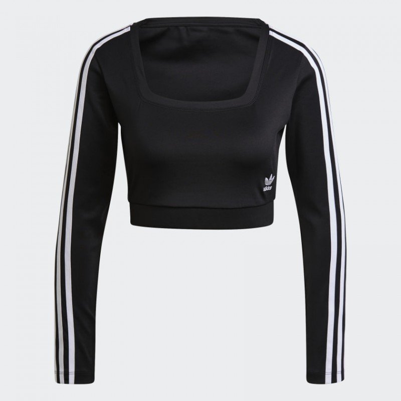 تيشيرت قصير بطباعة ثلاث خطوط مع أكمام طويلة من اديداس بلوزه رياضية للنساء لون أسود Adidas STUDIO LOUNGE RIBBED CROPPED LONG SLEEVE TEE