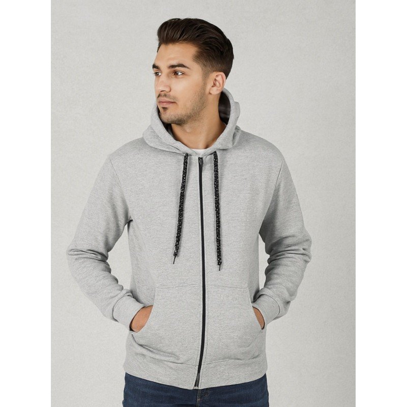 جاكيت بسحاب مع طاقية للرجال لون سكني فاتح