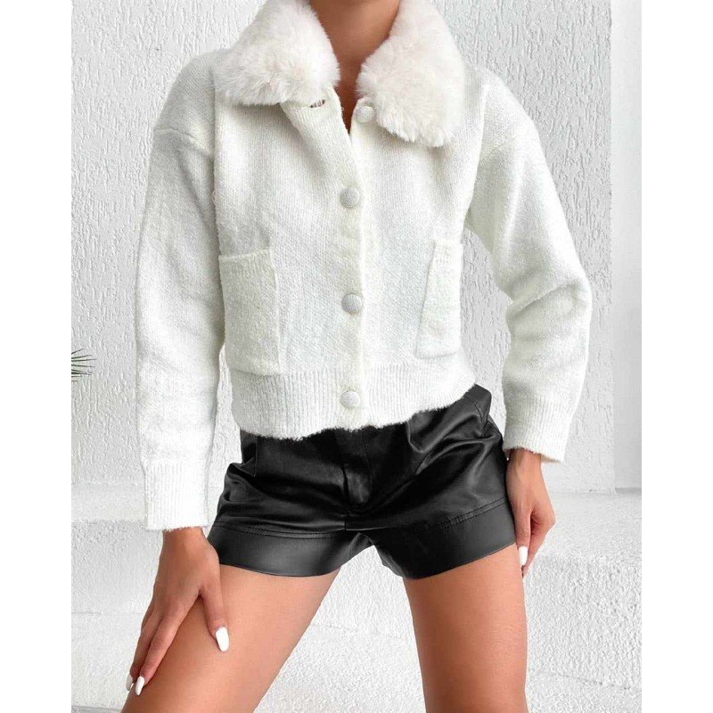 جاكيت ستاتي صوف قصير لون أبيض