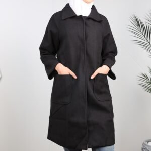 جاكيت شتوي جوخ طويل للنساء لون أسود