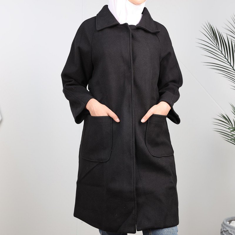 جاكيت شتوي جوخ طويل للنساء لون أسود